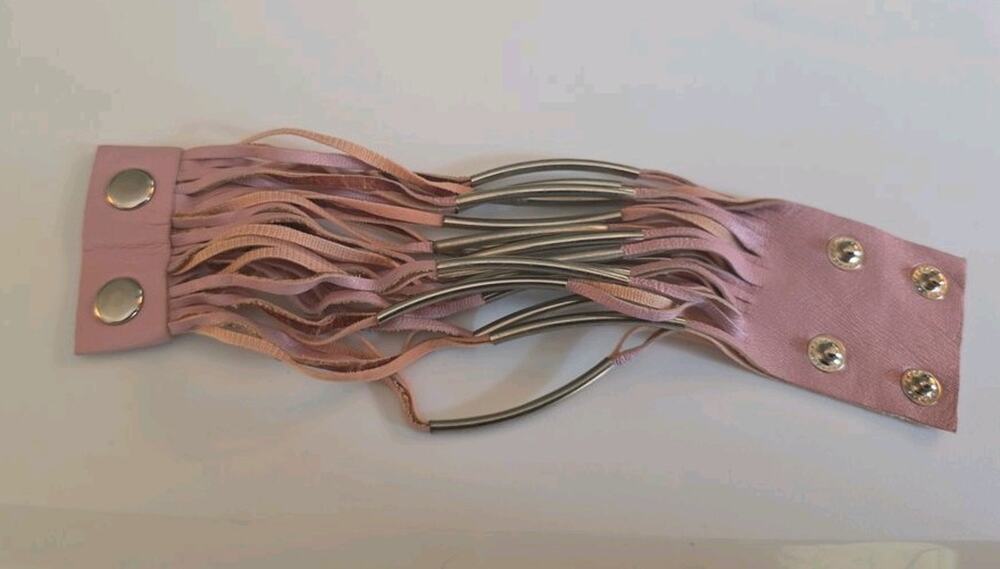 Vintage Pink Leather and Metal Fringe Bracelet A